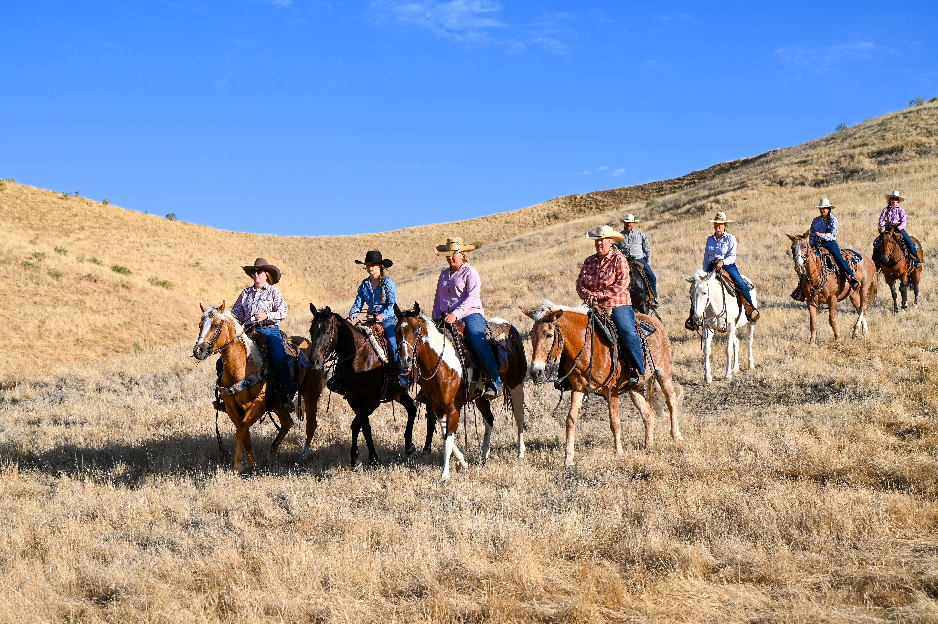 horseback riders riding down hill