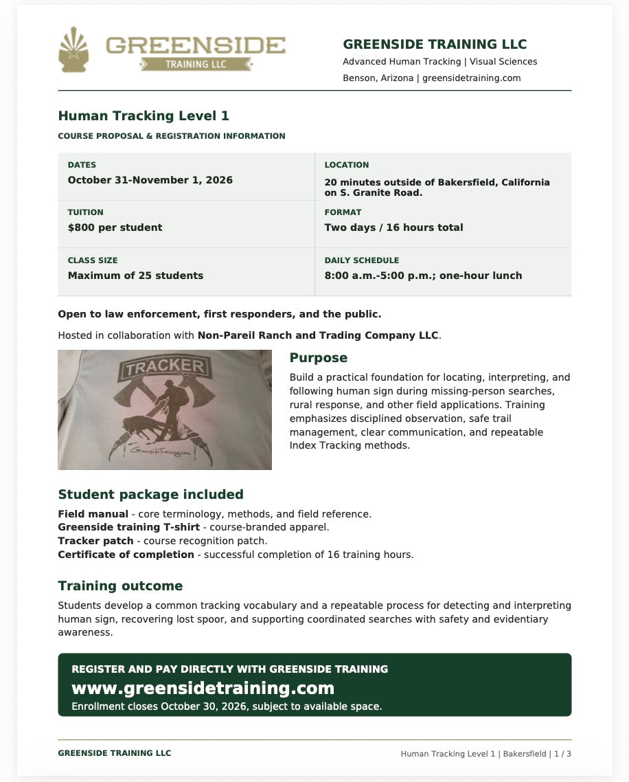 Greenside Training Human Tracking Level 1 flyer, October 31–November 1, 2026
