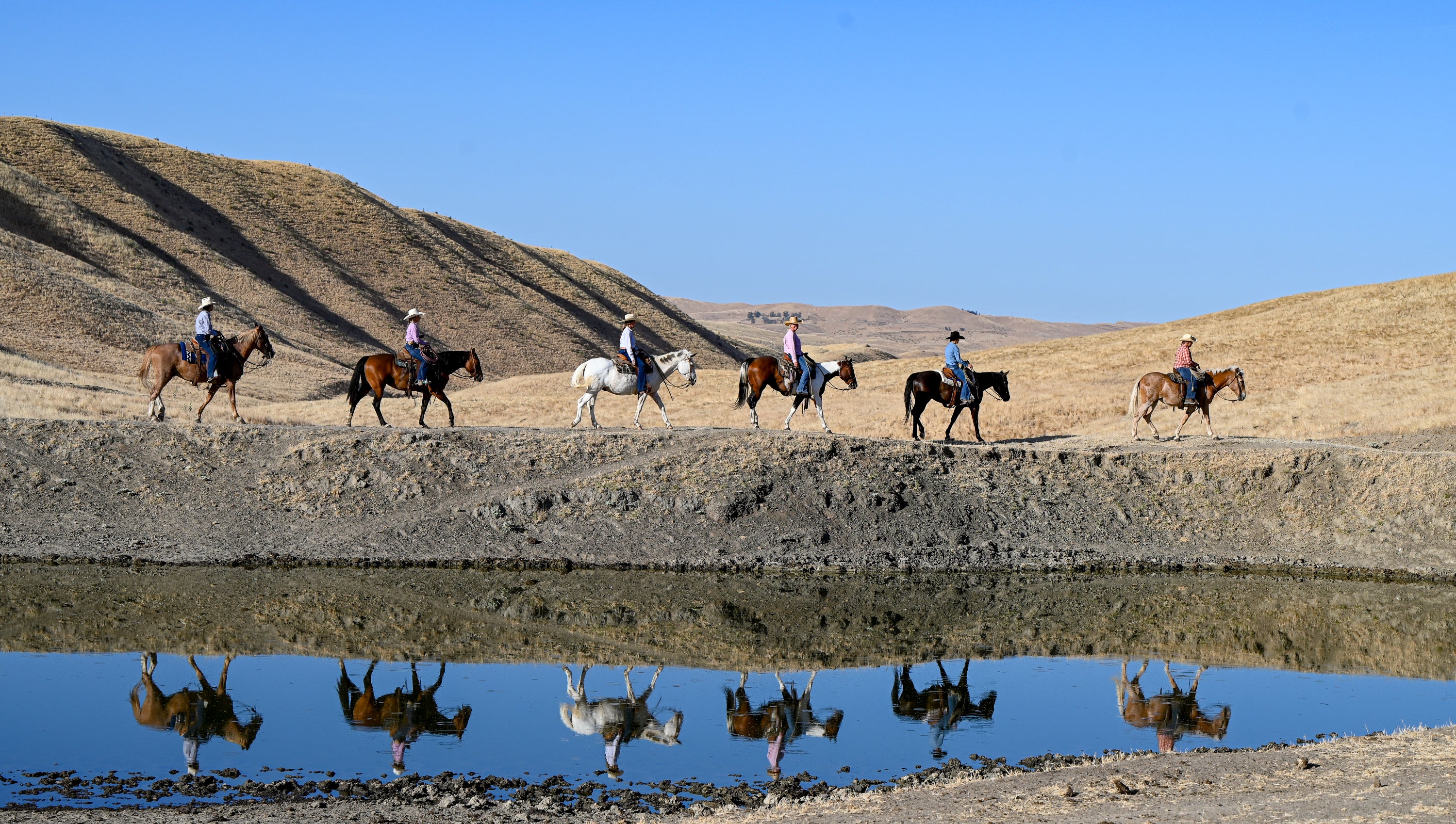 6 horseback riders riding across pond