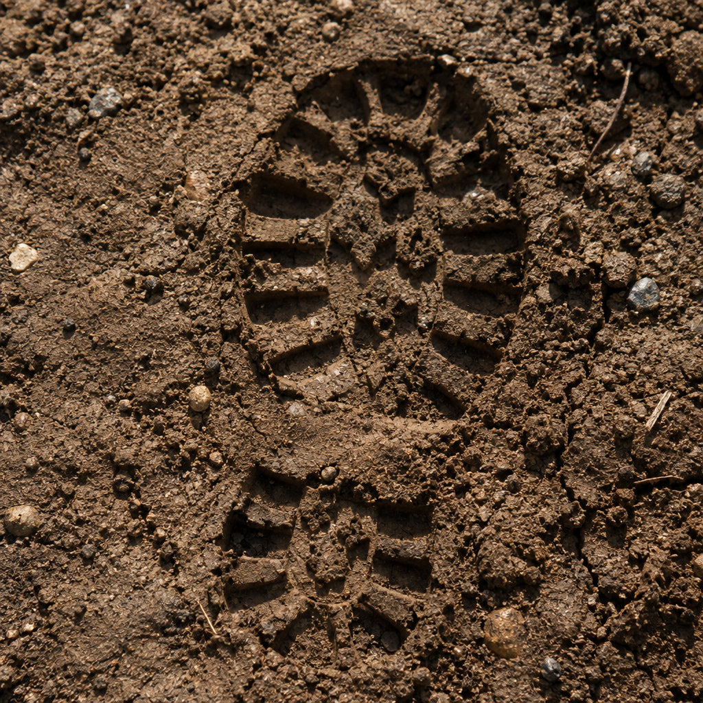 A close-up of a boot sole imprint pressed into wet brown dirt and soil.